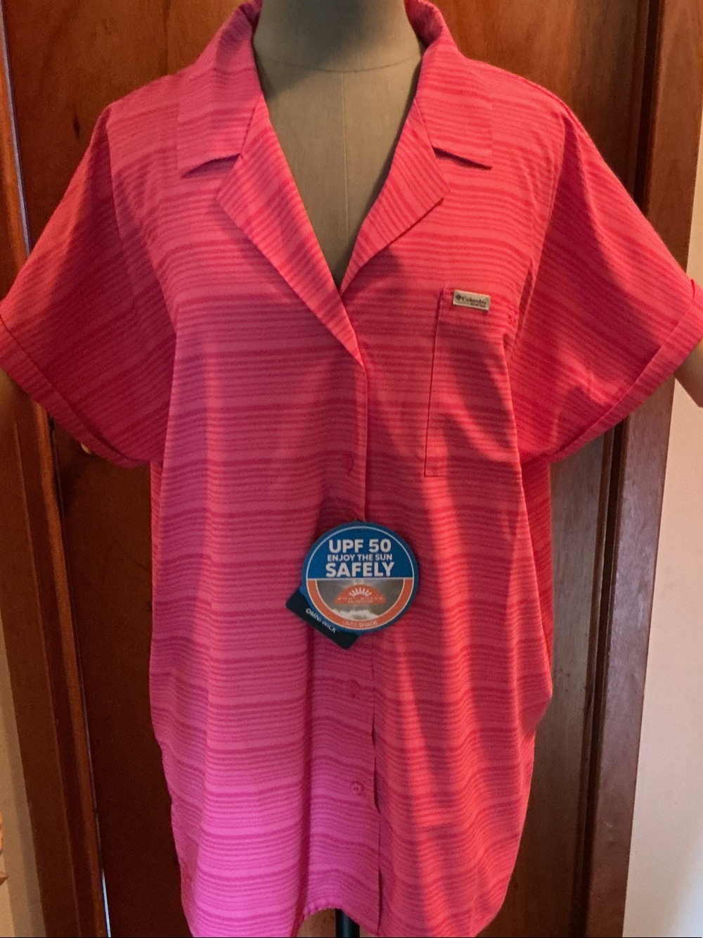 Columbia Pink Striped Short Sleeve Button Shirt SPF50